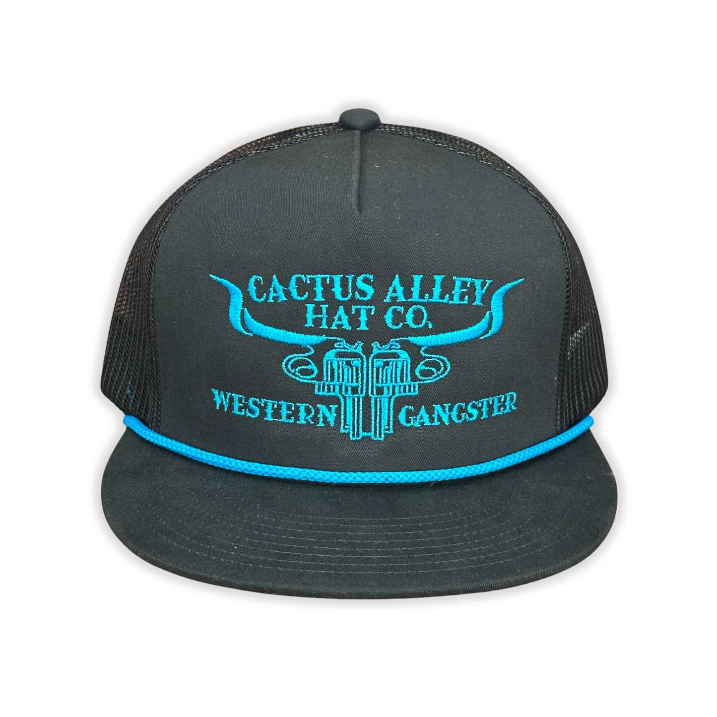 "6 Shooter Skull" - CA 6006 Black/ Black Mesh/ Blue Rope, Snapback Cap