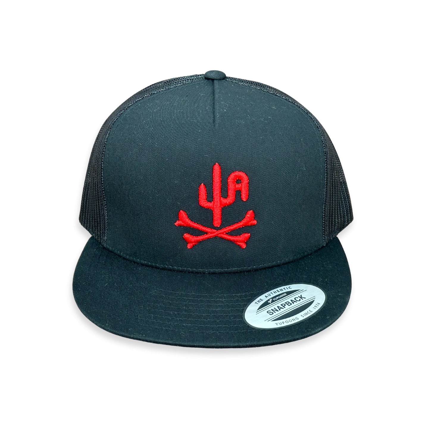 "Bones" - CA6006 Black/ Black Mesh, Snapback Cap - Red Puff (WESA JAN 2024)