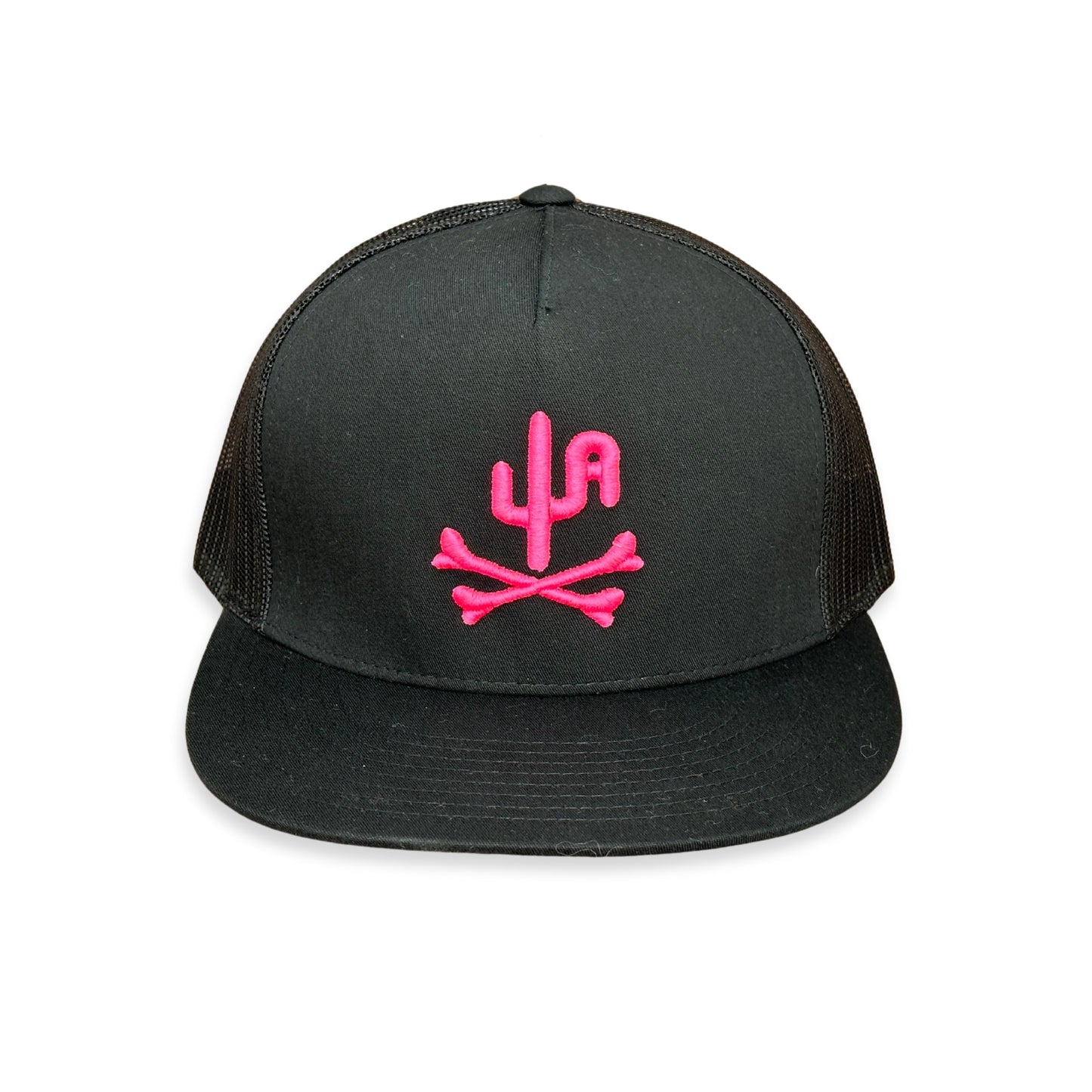 "Bones" - CA6006 Black/ Black Mesh, Snapback Cap - Pink Puff (WESA JAN 2024)