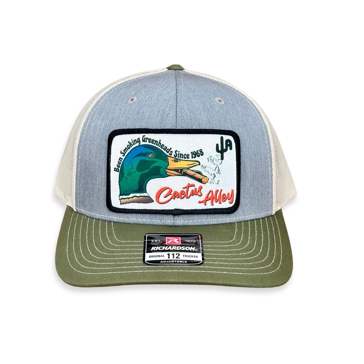 "Greenheads" - Richardson 112 Heather Grey/Birch Mesh/Army Olive, Snapback Cap (2024)