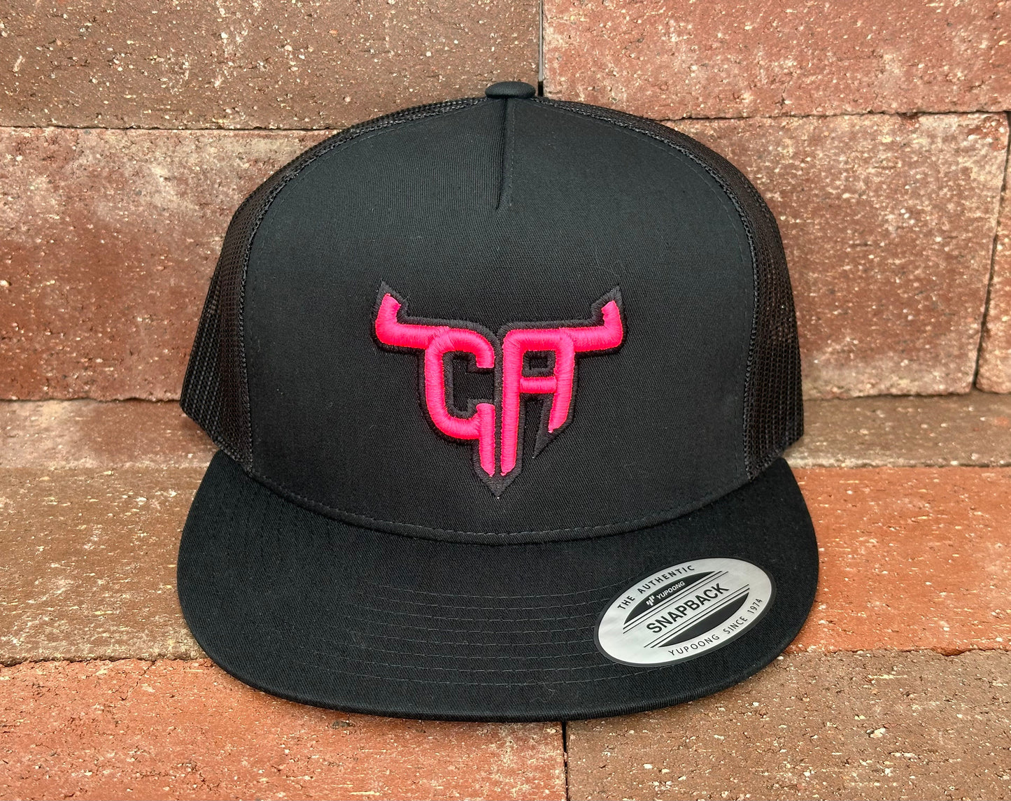 "CA Shorthorn" Pink Puff Stitch - 6006 Black/ Black Mesh, Snapback Cap (2024)
