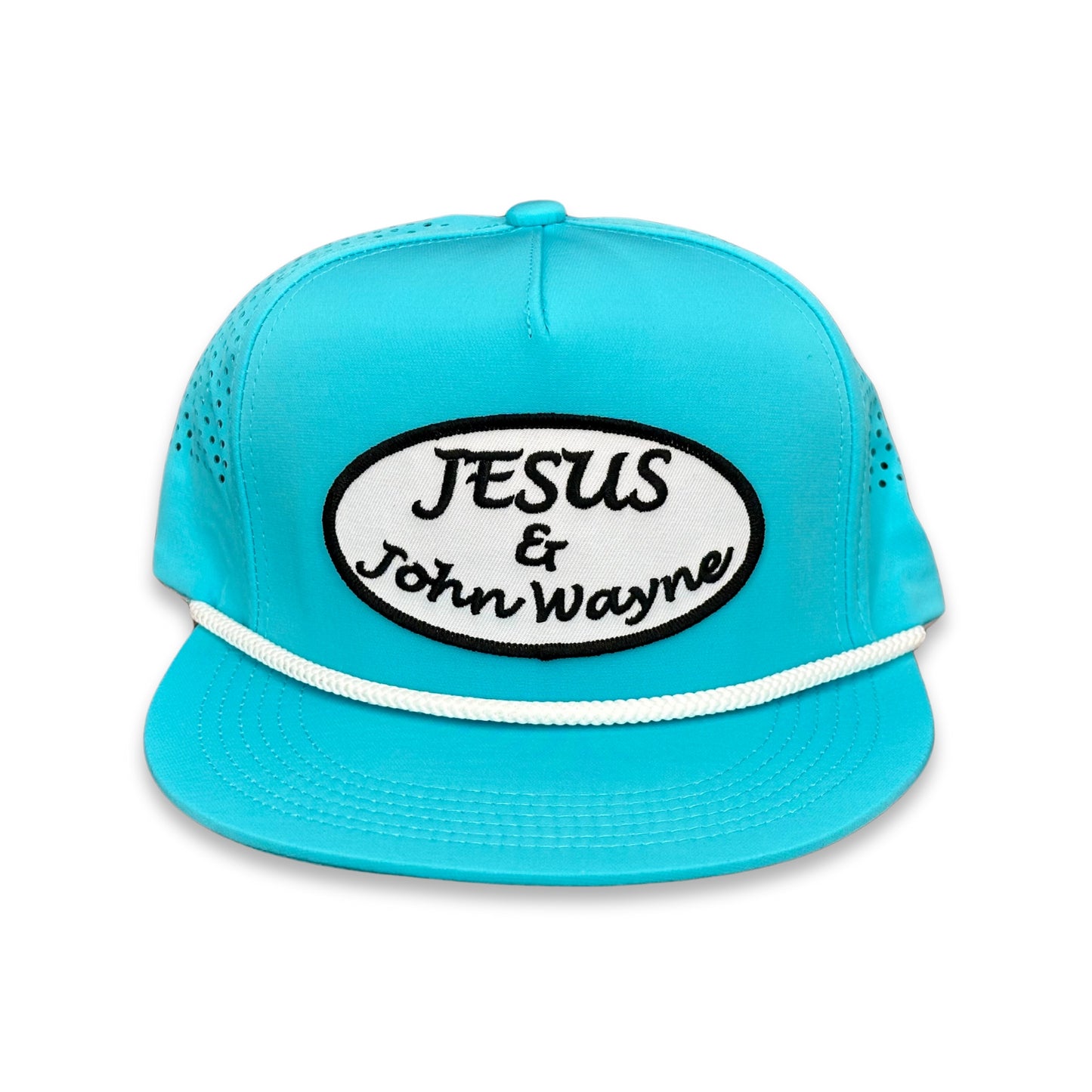 "Jesus & John Wayne" - CA Turquoise Laser Holes/ White Rope, Snapback Cap (2025)