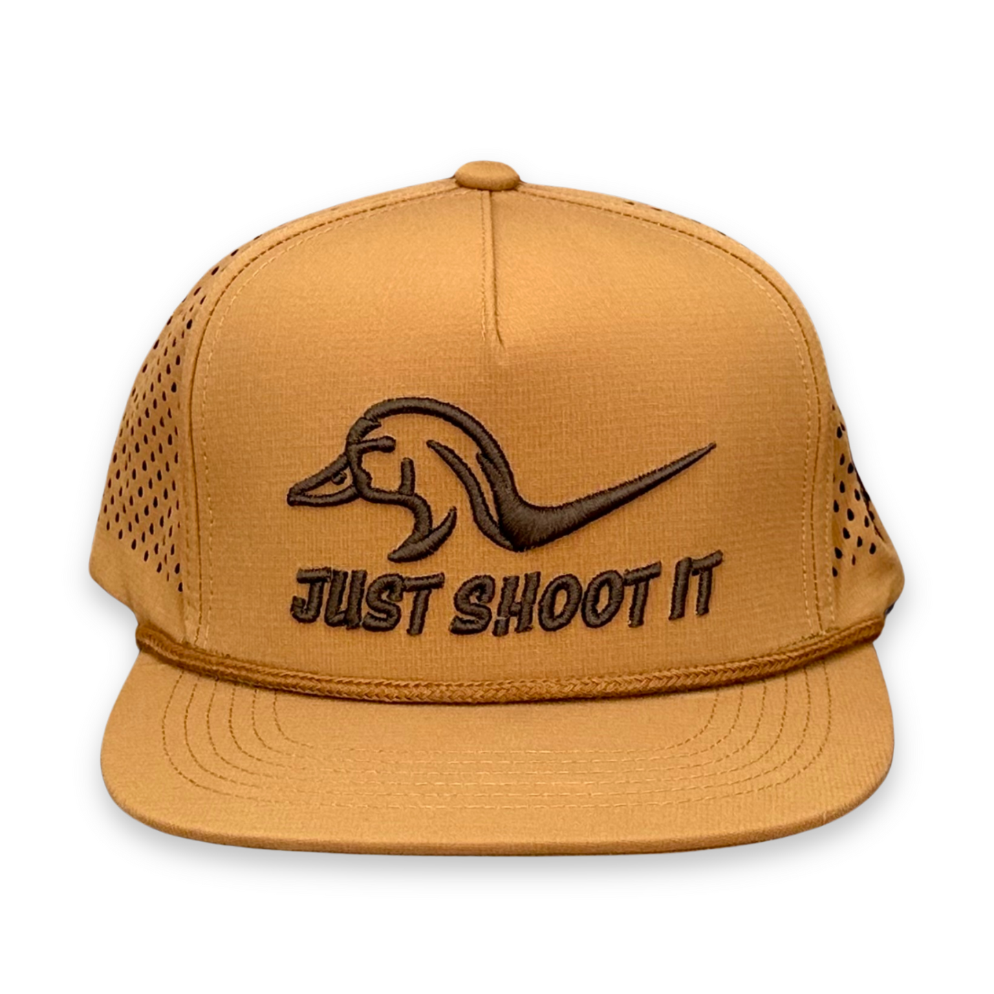 "Just Shoot It- Chocolate Puff" - Zapped Caramel Laser Holes/ Caramel Rope, Snapback Cap (WESA JAN 2024)