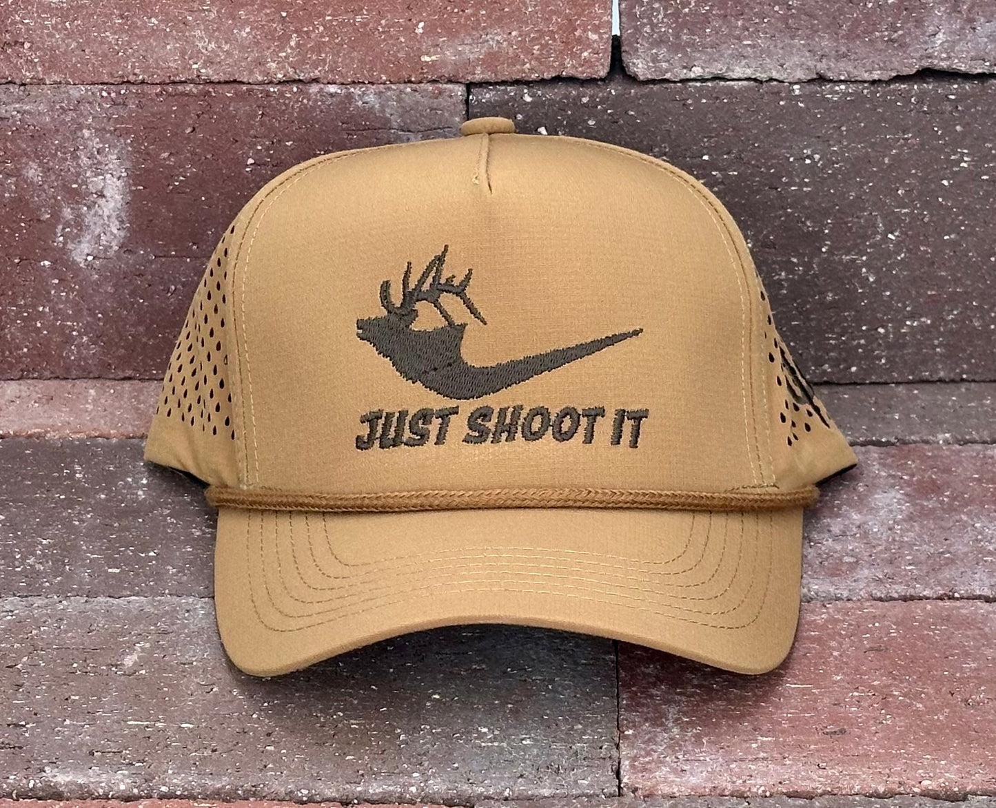 "Just Shoot It Elk- Chocolate Stitch" - Zapped Caramel Laser Holes/ Caramel Rope, Snapback Cap (2025)