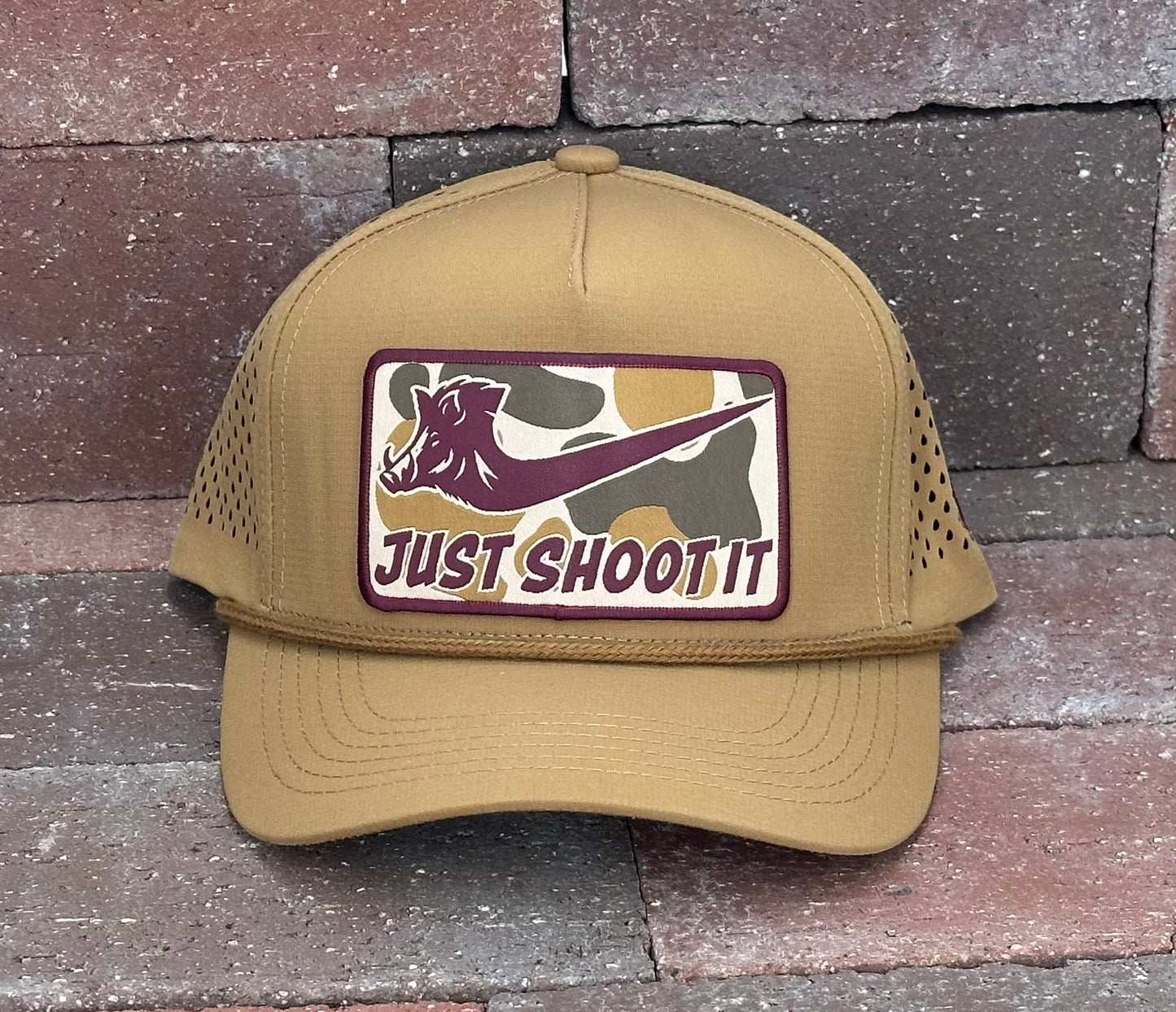 "Just Shoot It Pig- Camo" - Zapped Caramel Laser Holes/ Caramel Rope, Snapback Cap (2025)