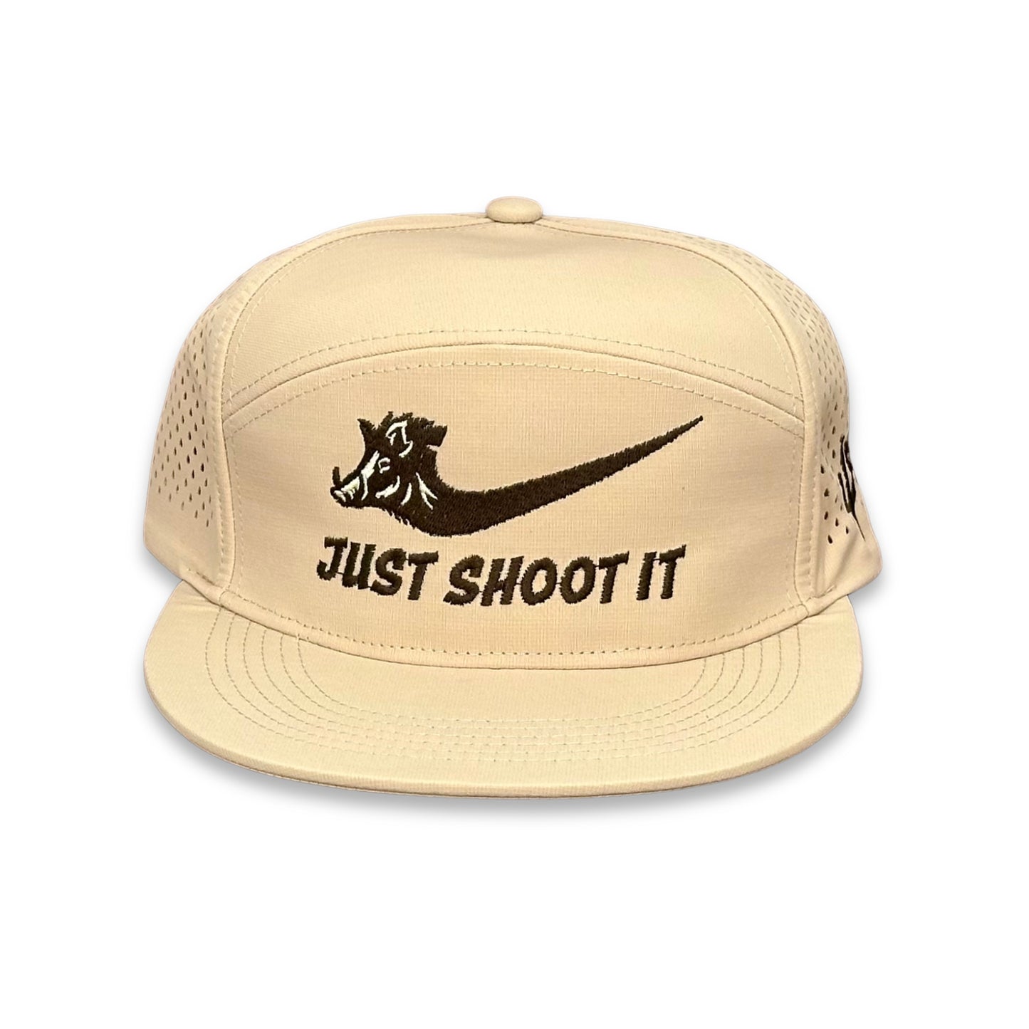 "Just Shoot It Pig- Chocolate Stitch" - Zapped Khaki 7 Panel/Laser Holes, Snapback Cap (2025)