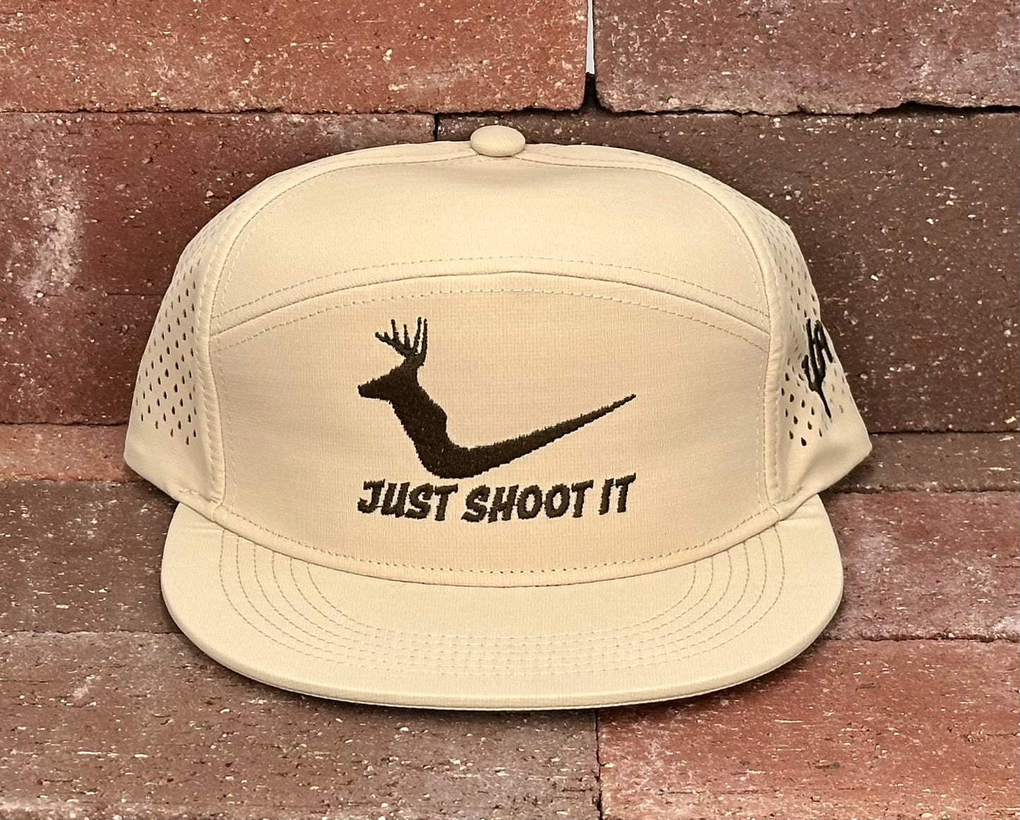 "Just Shoot It White Tail- Chocolate Stitch" - Zapped Khaki 7 Panel/Laser Holes, Snapback Cap (2025)