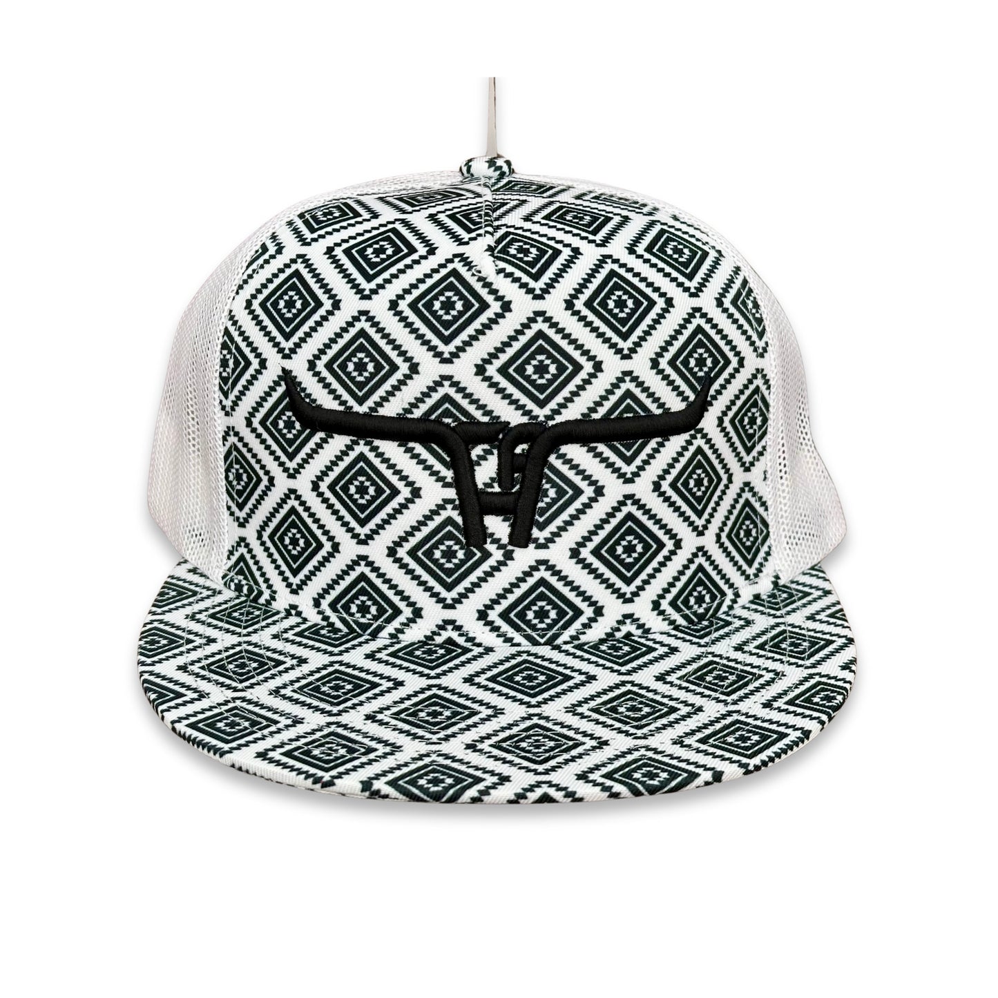 "CA Longhorn" Black Puff - CA Black Aztec/White Mesh, Snapback Cap (2025)