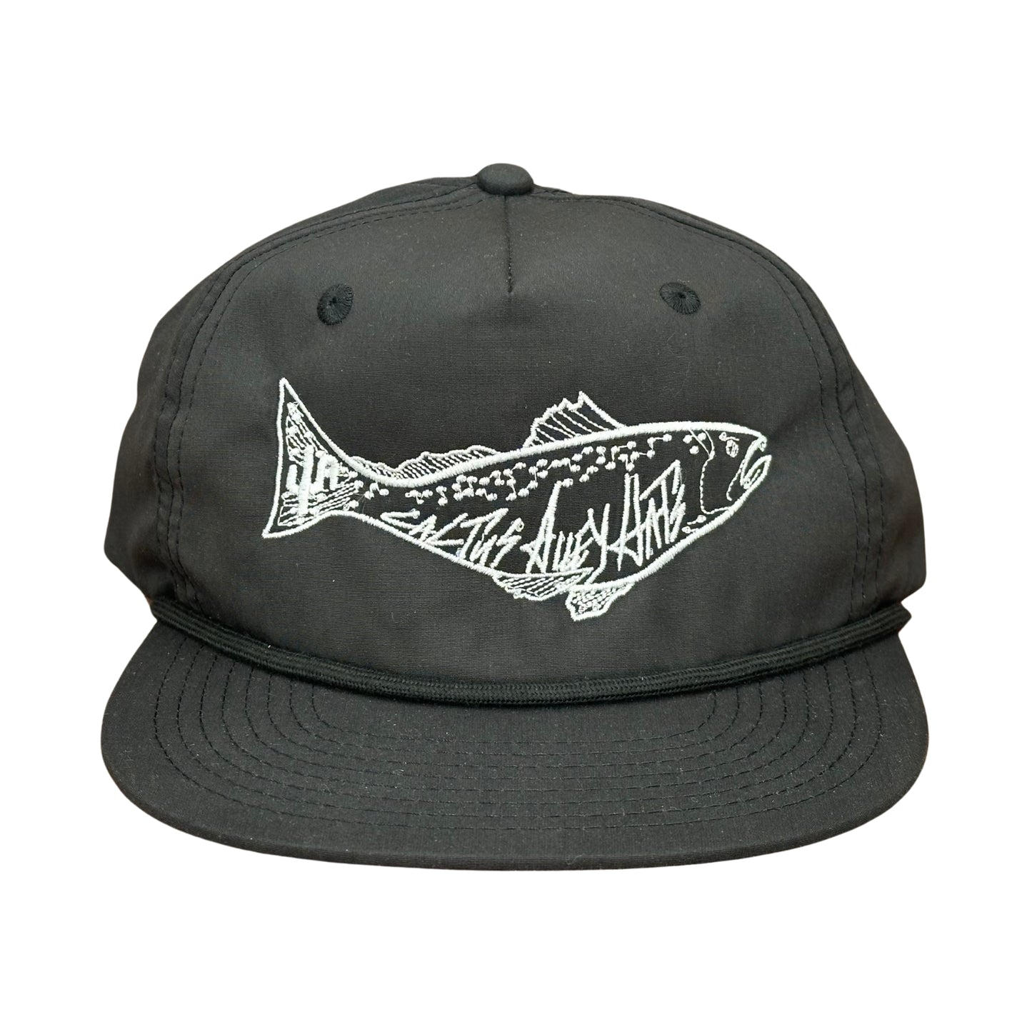 "Saltwater" - CA256 Black/ Black Rope, Snapback Cap- White Stitch (WESA JAN 2024)
