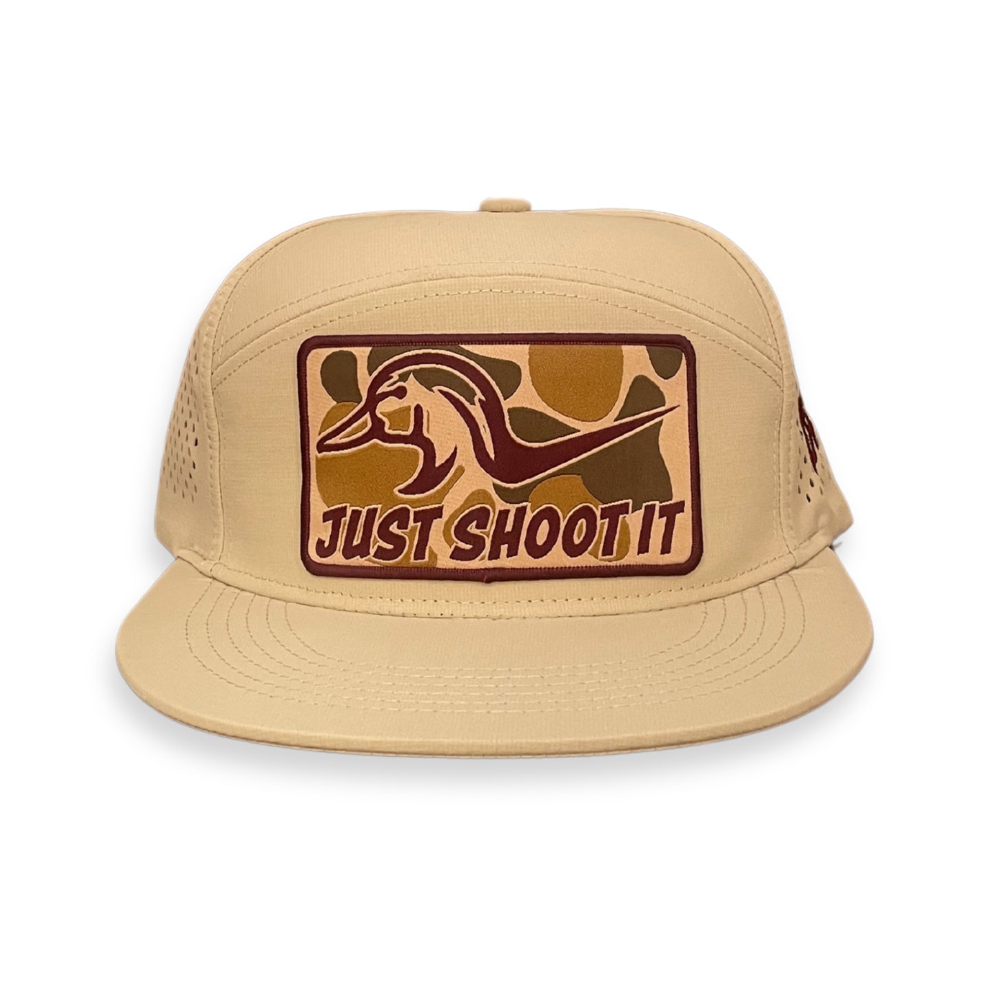 "Just Shoot It- Camo" - Zapped Khaki 7 Panel/Laser Holes, Snapback Cap (WESA JAN 2024)
