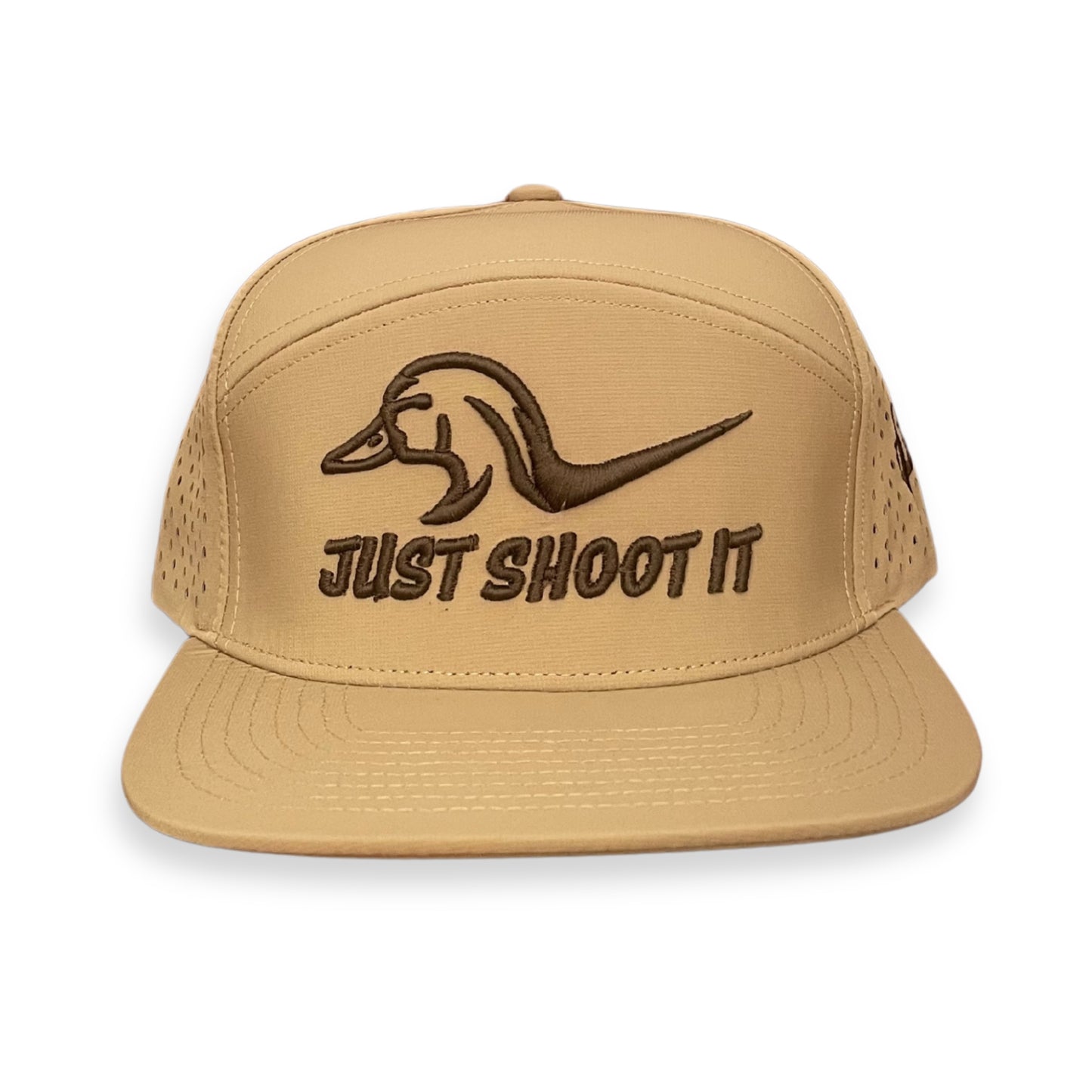 "Just Shoot It- Chocolate Puff" - Zapped Khaki 7 Panel/Laser Holes, Snapback Cap (WESA JAN 2024)