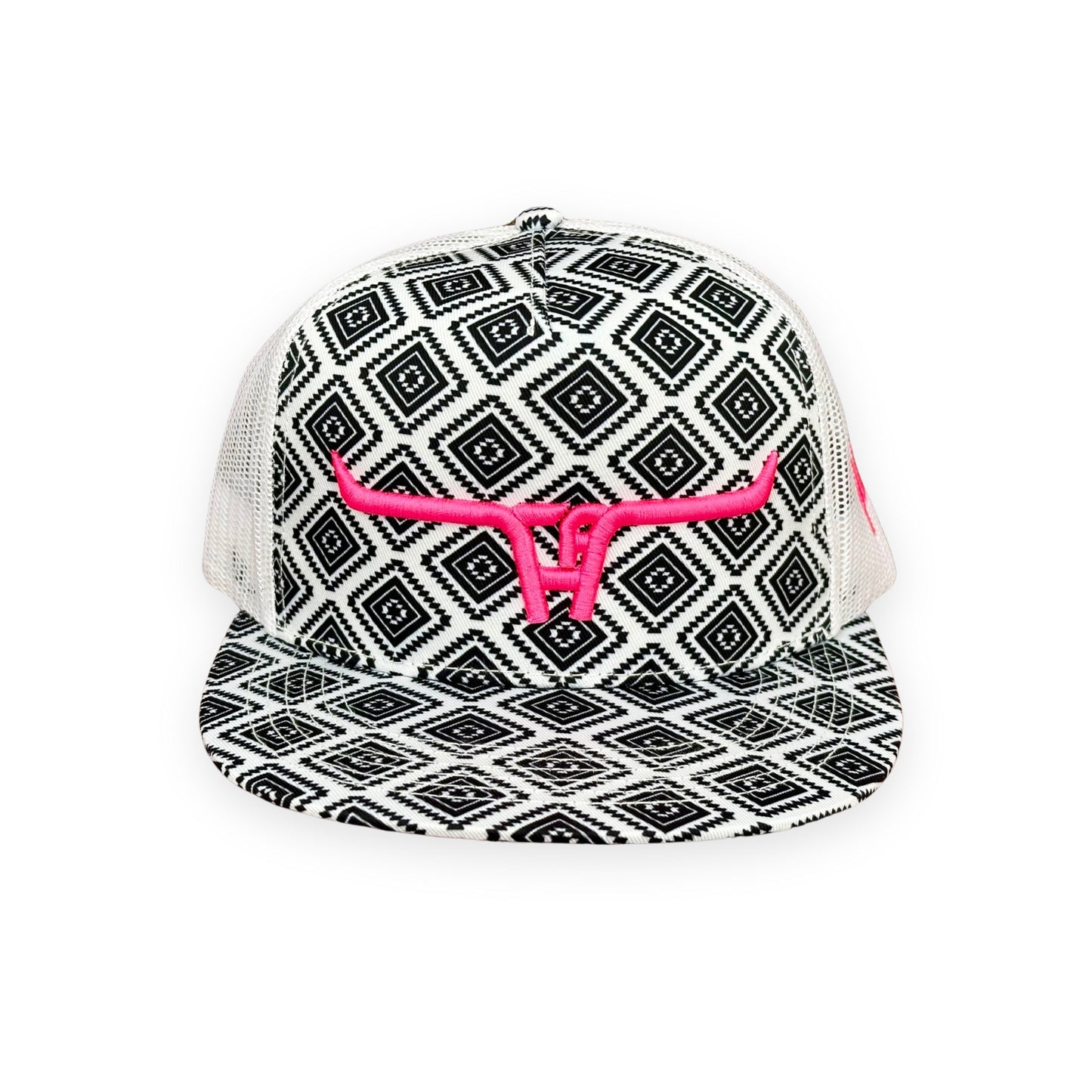"CA Longhorn" Pink Puff - CA Black Aztec/White Mesh, Snapback Cap (2024)