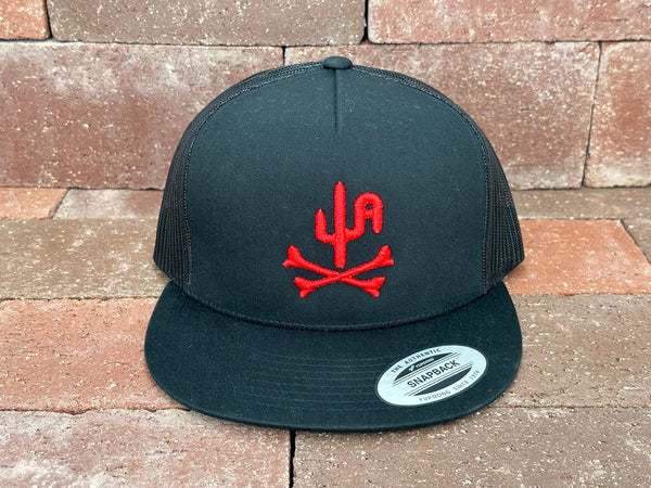 "Bones" - CA6006 Black/ Black Mesh, Snapback Cap - Red Puff (WESA JAN  2024)