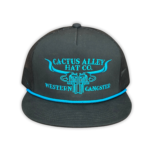 "6 Shooter Skull" - CA 6006 Black/ Black Mesh/ Blue Rope, Snapback Cap