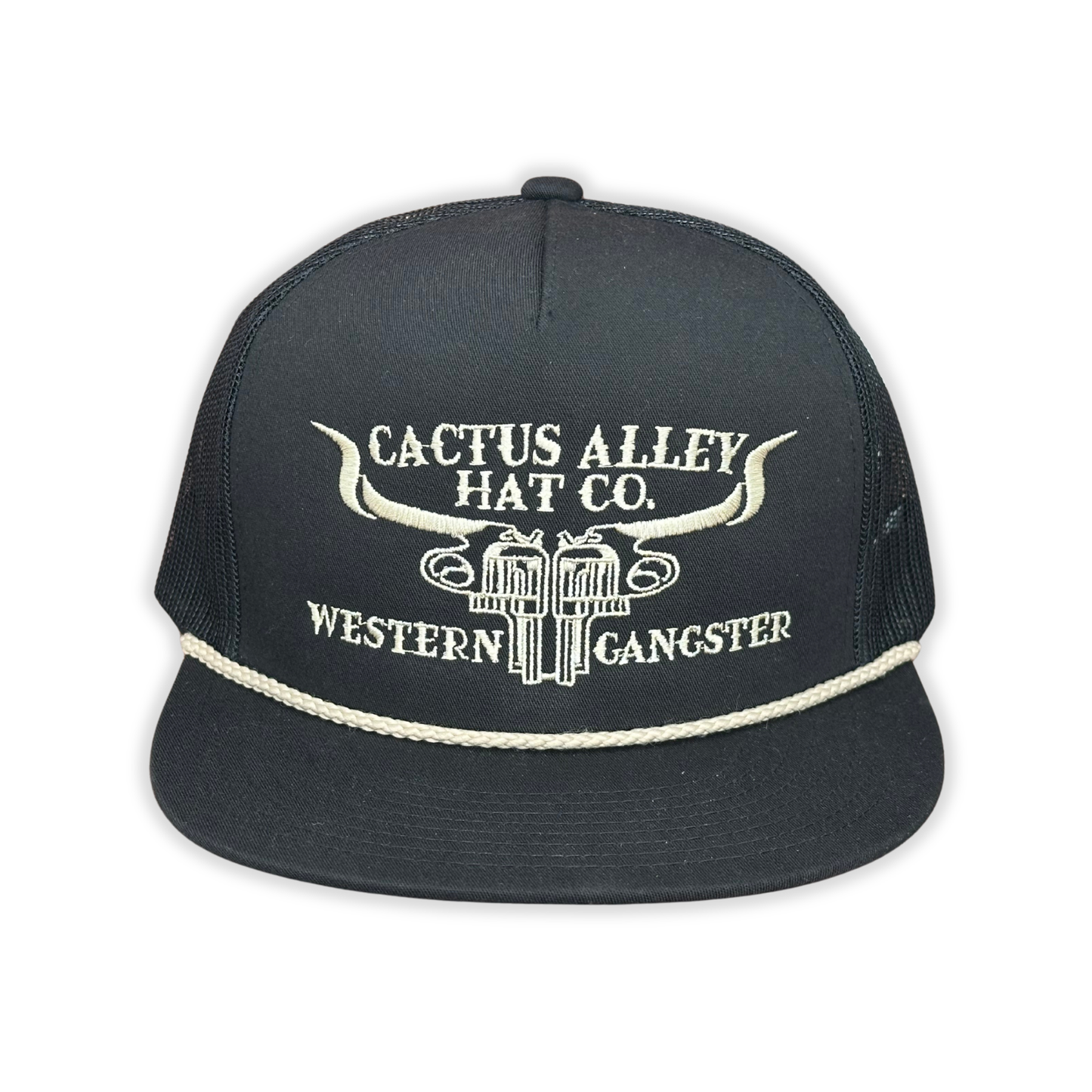 "6 Shooter Skull" - CA 6006 Black/ Black Mesh/ Gold Rope, Snapback Cap