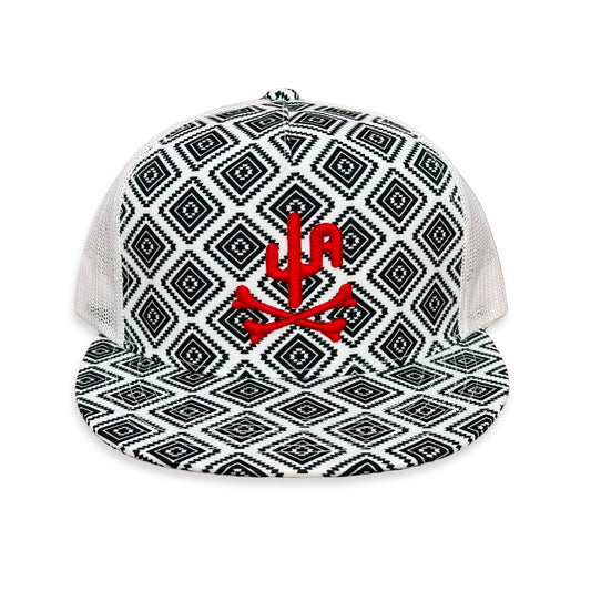"Bones" Red Puff Stitch - CA Black/White Aztec, Snapback Cap (2024)