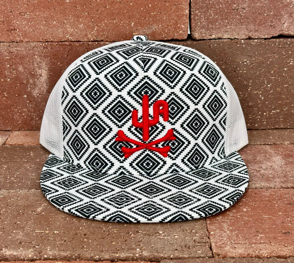 "Bones" Red Puff Stitch - CA Black/White Aztec, Snapback Cap (2024)