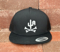 "Bones" - CA6006 Black/ Black Mesh, Snapback Cap - White Puff