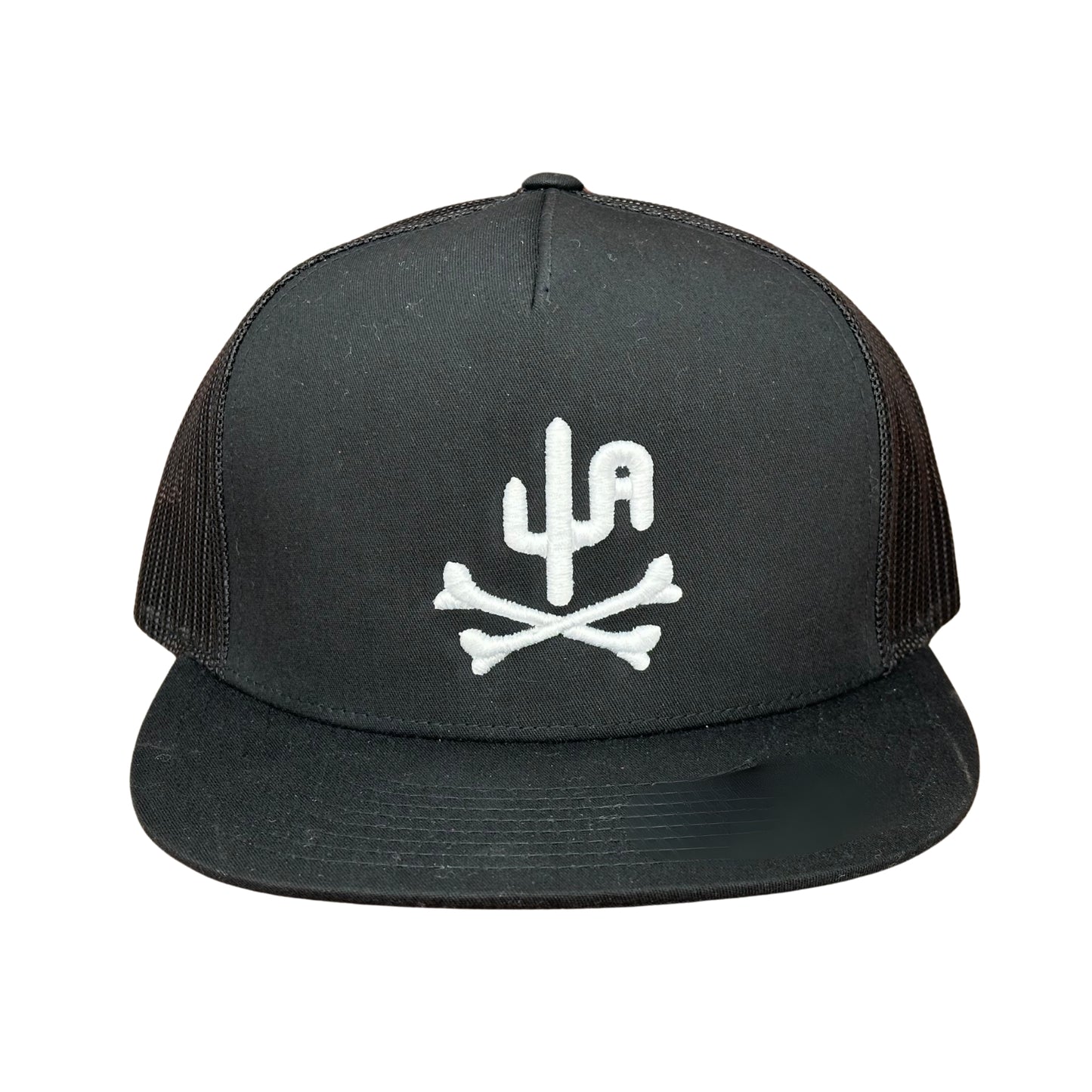 "Bones" - CA6006 Black/ Black Mesh, Snapback Cap - White Puff