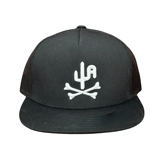 "Bones" - CA6006 Black/ Black Mesh, Snapback Cap - White Puff
