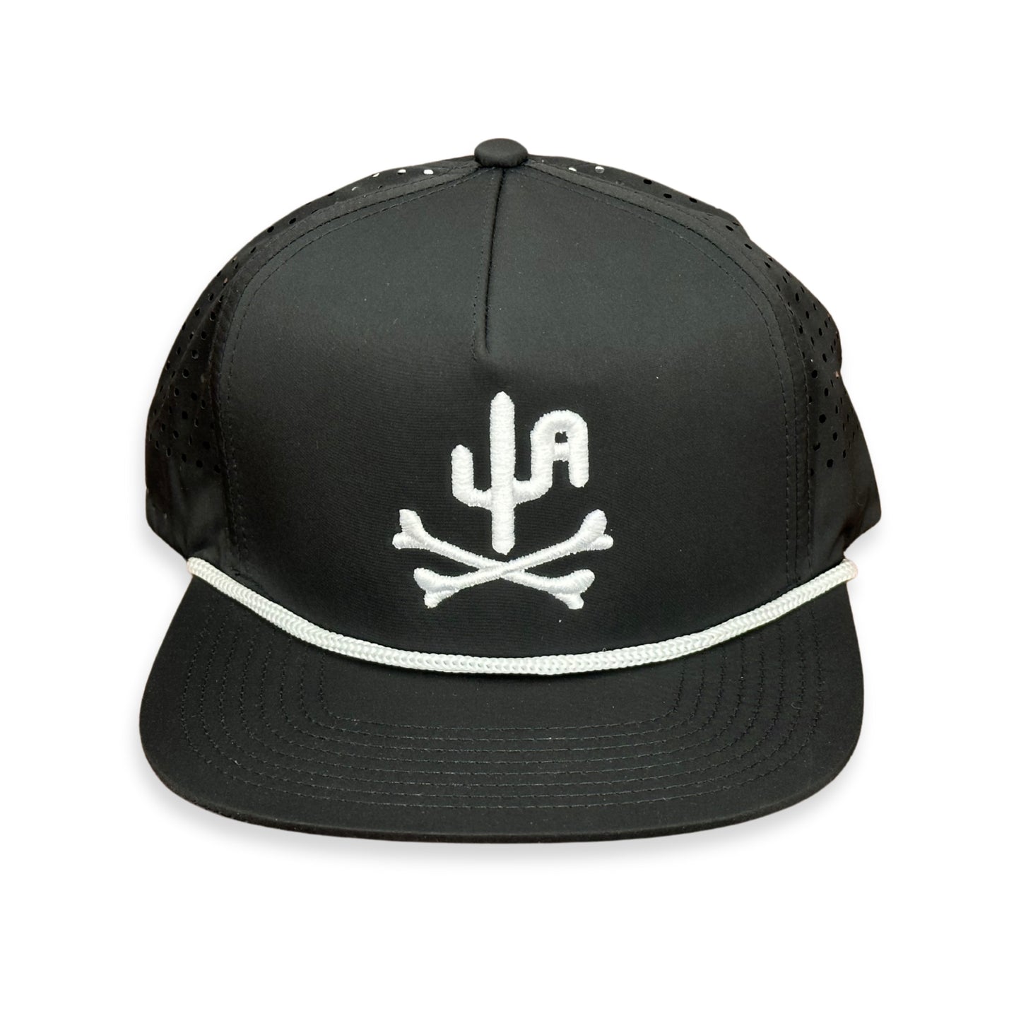 "Bones" - CA Black Laser Holes/ White Rope, Snapback Cap - White Puff (WESA JAN 2024)