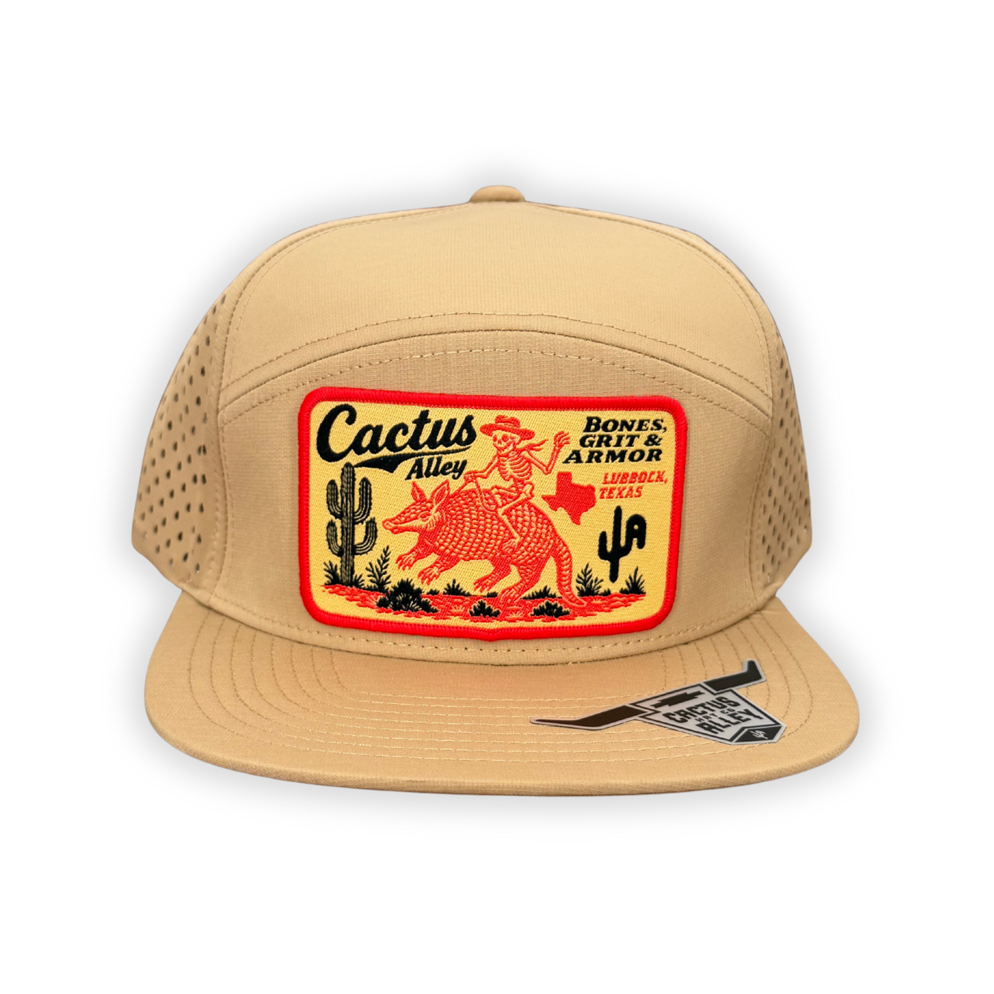"Bones & Grit" - CA 7 Panel Khaki/Laser Holes, Snapback Cap