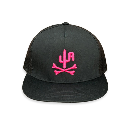 "Bones" - CA6006 Black/ Black Mesh, Snapback Cap - Pink Puff (WESA JAN  2024)