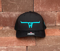 "Cactus Alley Longhorn" Turquoise Puff - Richardson 112 Black/ Black Mesh, Snapback Cap (WESA JAN 2024)