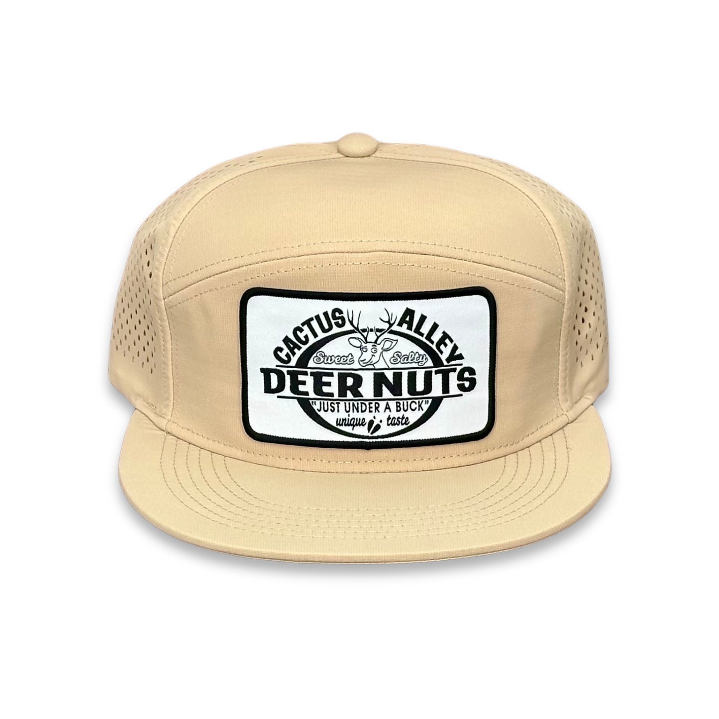 "Deer Nuts" - Zapped Khaki 7 Panel/Laser Holes, Snapback Cap (2025)