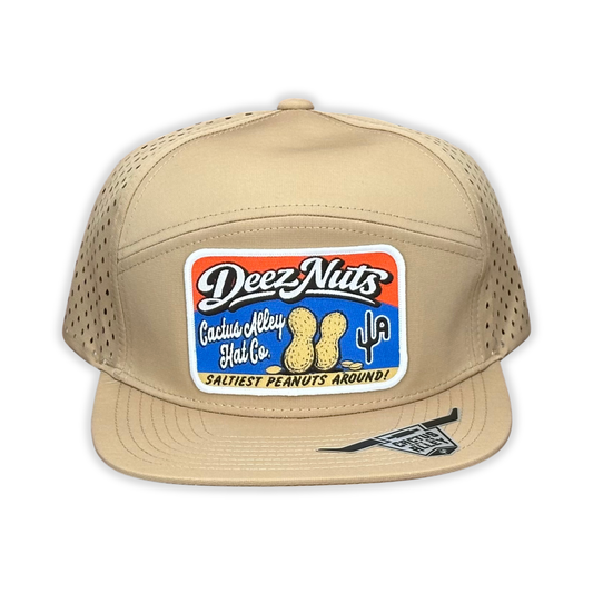 "Deez Nuts" - CA 7 Panel Khaki Laser Holes, Snapback Cap