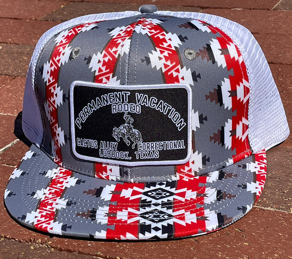 "Permanent Vacation- Black"- CA Red/White Aztec, Snapback Cap (WESA JAN 2024)