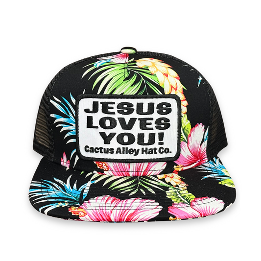 "Jesus Loves You" - Black Floral/ Black Mesh, Snapback Cap (2025)