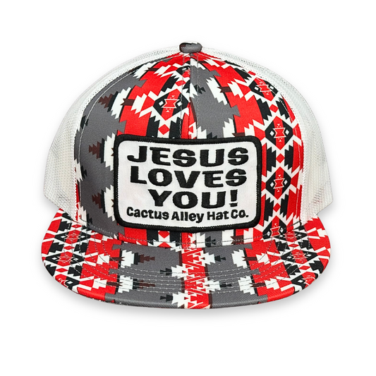 "Jesus Loves You" - CA Red/White Aztec, Snapback Cap (2025)