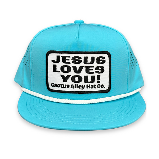 "Jesus Loves You" - CA Turquoise Laser Holes/ White Rope, Snapback Cap (2025)