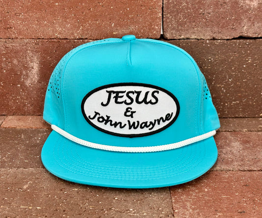 "Jesus & John Wayne" - CA Turquoise Laser Holes/ White Rope, Snapback Cap (2025)