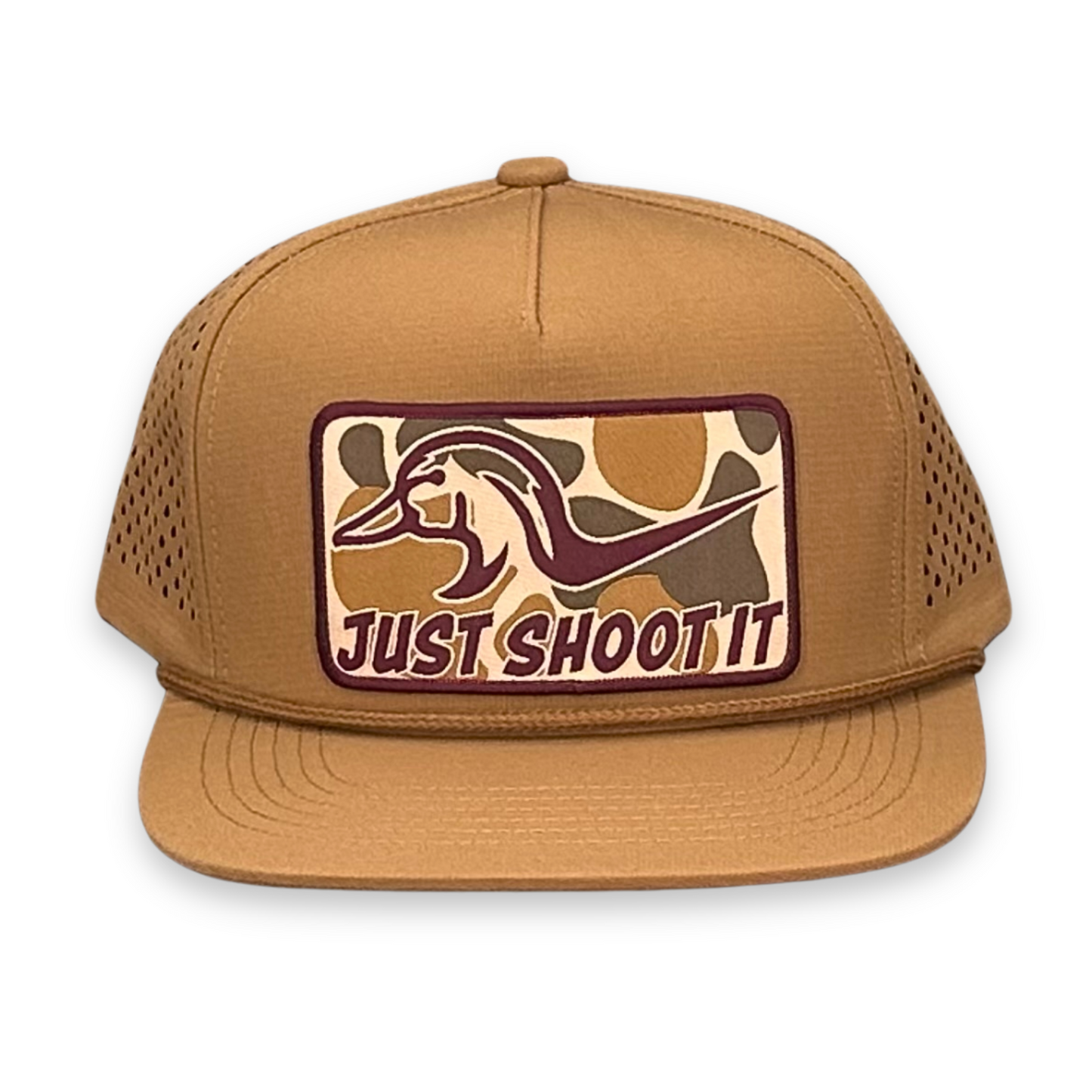 "Just Shoot It- Camo" - Zapped Caramel Laser Holes/ Caramel Rope, Snapback Cap (WESA JAN 2024)