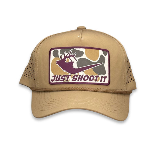 "Just Shoot It Elk- Camo" - Zapped Caramel Laser Holes/ Caramel Rope, Snapback Cap (2025)