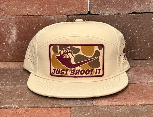 "Just Shoot It Elk- Camo" - Zapped Khaki 7 Panel/Laser Holes, Snapback Cap (2025)