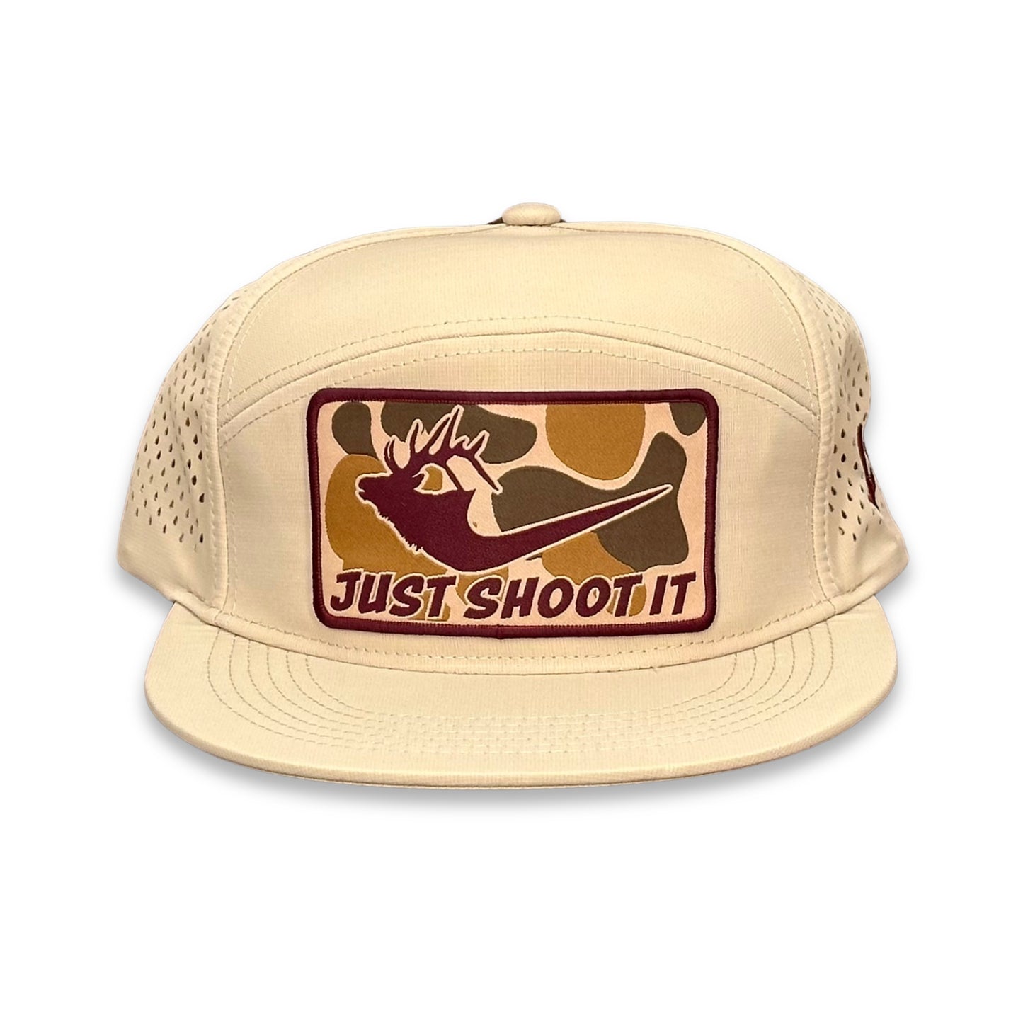 "Just Shoot It Elk- Camo" - Zapped Khaki 7 Panel/Laser Holes, Snapback Cap (2025)