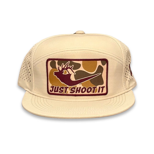 "Just Shoot It Elk- Camo" - Zapped Khaki 7 Panel/Laser Holes, Snapback Cap (2025)