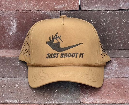 "Just Shoot It Elk- Chocolate Stitch" - Zapped Caramel Laser Holes/ Caramel Rope, Snapback Cap (2025)