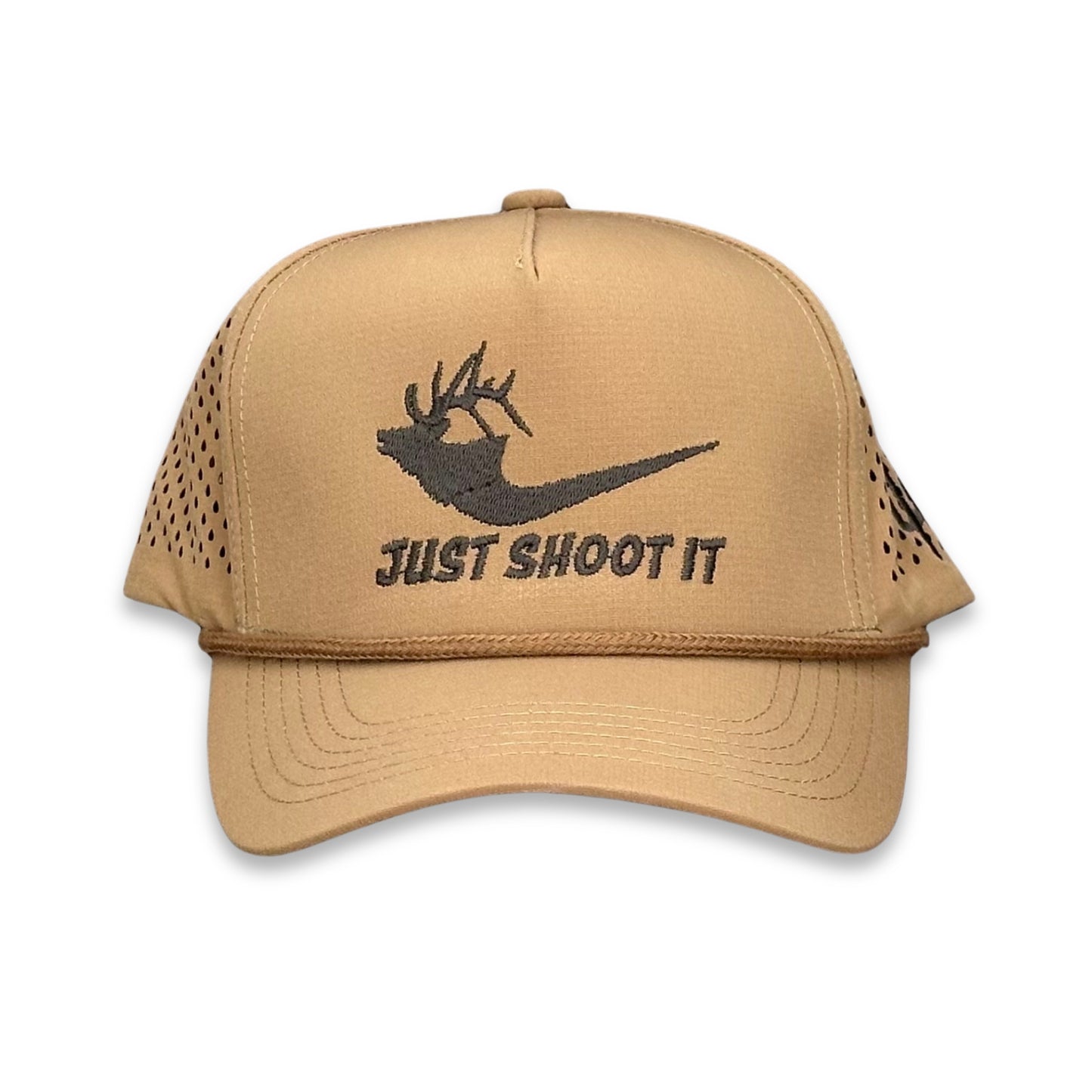 "Just Shoot It Elk- Chocolate Stitch" - Zapped Caramel Laser Holes/ Caramel Rope, Snapback Cap (2025)