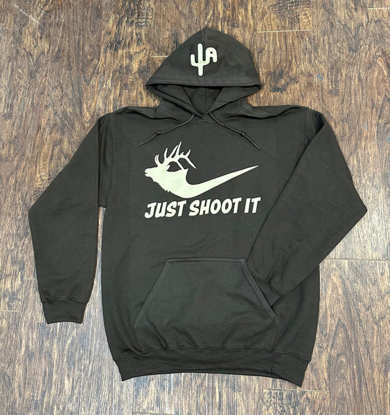 Tan "Just Shoot It Elk" - Dark Chocolate Adult Hoodie (2025)