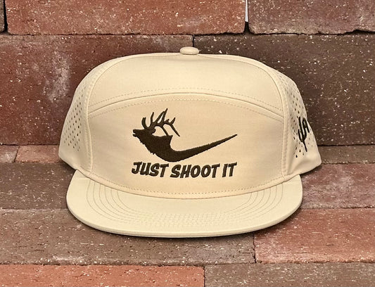 "Just Shoot It Elk- Chocolate Stitch" - Zapped Khaki 7 Panel/Laser Holes, Snapback Cap (2025)