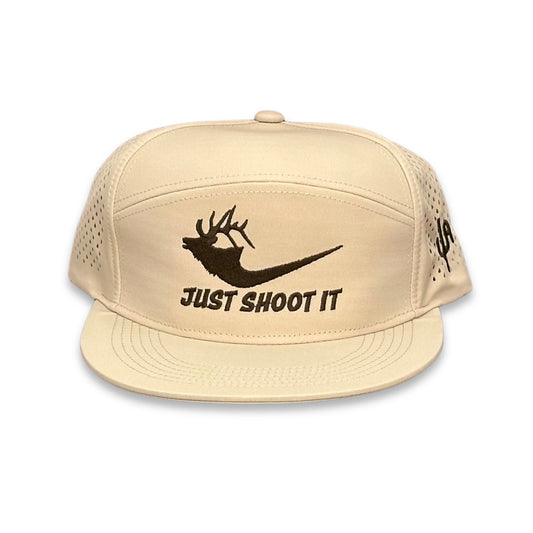 "Just Shoot It Elk- Chocolate Stitch" - Zapped Khaki 7 Panel/Laser Holes, Snapback Cap (2025)