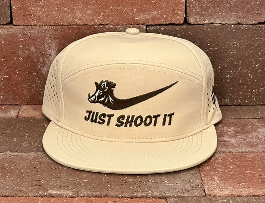 "Just Shoot It Pig- Chocolate Stitch" - Zapped Khaki 7 Panel/Laser Holes, Snapback Cap (2025)