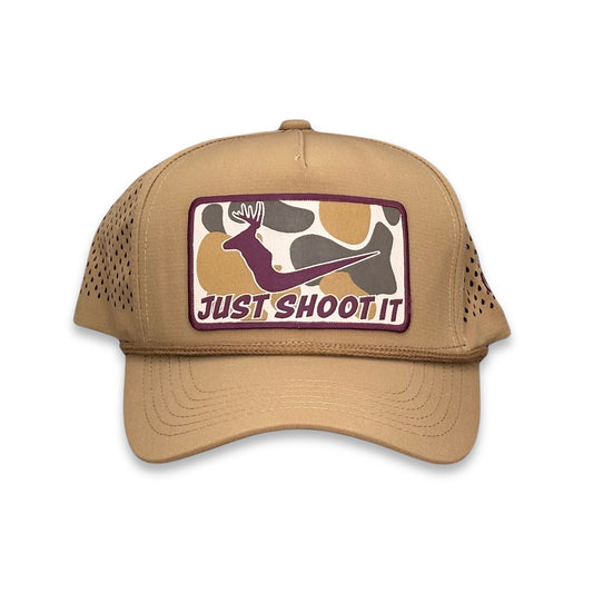 "Just Shoot It White Tail- Camo" - Zapped Caramel Laser Holes/ Caramel Rope, Snapback Cap (2025)