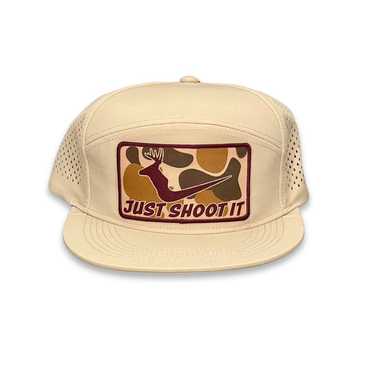 "Just Shoot It White Tail- Camo" - Zapped Khaki 7 Panel/Laser Holes, Snapback Cap (2025)