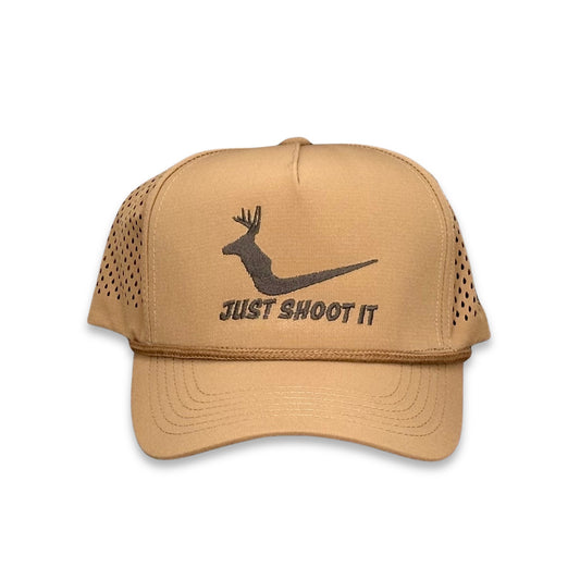 "Just Shoot It White Tail- Chocolate Stitch" - Zapped Caramel Laser Holes/ Caramel Rope, Snapback Cap (2025)