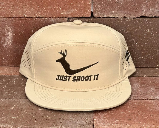 "Just Shoot It White Tail- Chocolate Stitch" - Zapped Khaki 7 Panel/Laser Holes, Snapback Cap (2025)